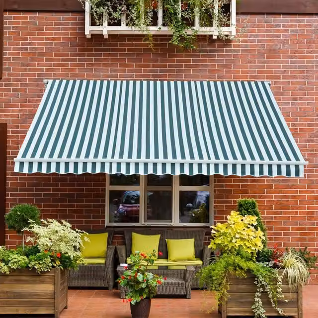 Outsunny Manual Wall-Mounted Patio Awning Canopy with Folding Arms in Green and White Striped Polyester and Aluminium