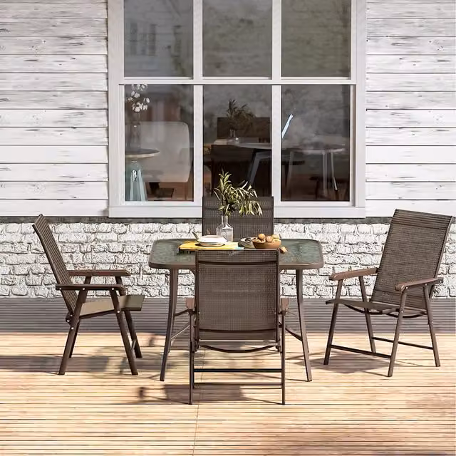 Livingandhome Brown Bistro Set with Square Tempered Glass Metal Table and 4 Folding Chairs