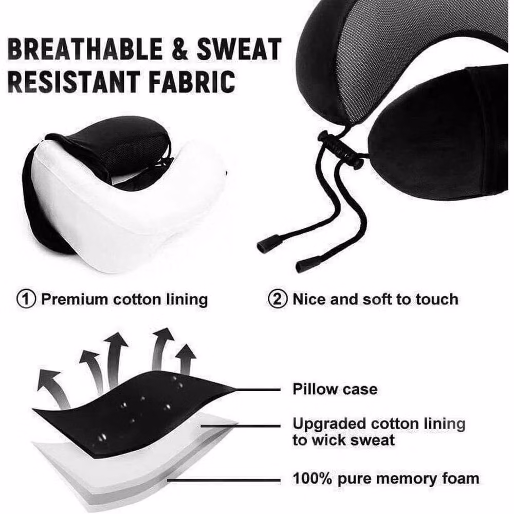 KORVIXA Black U-Shaped Memory Foam Travel Neck Pillow with Removable Breathable Velours Cover – 4