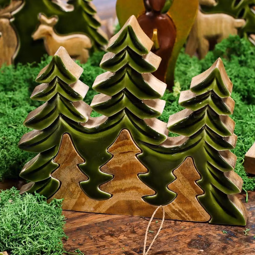 Serenityy Lost in the Forest Three Trees 3D Wooden Tabletop Decoration, Green, W: 20 cm, H: 23 cm – 3