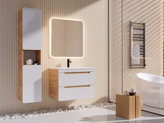 Vente-unique Bathroom Storage Column in Light Oak and White, W/D/H: 35 x 32 x 170 cm – 1
