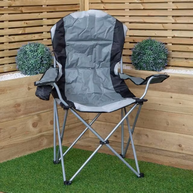 Samuel Alexander Luxury Padded High Back Outdoor Folding Garden Chair with Cupholder in Grey