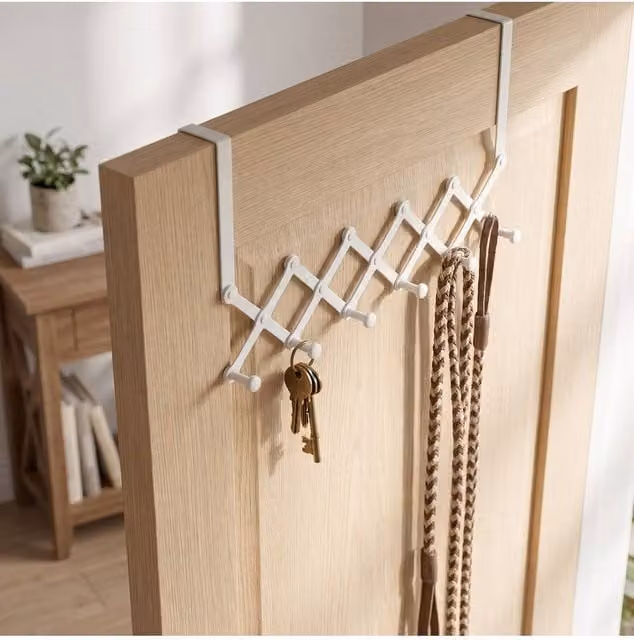 Living and Home Adjustable Over-the-Door Plastic Hanger with 6 Hooks in White – 1