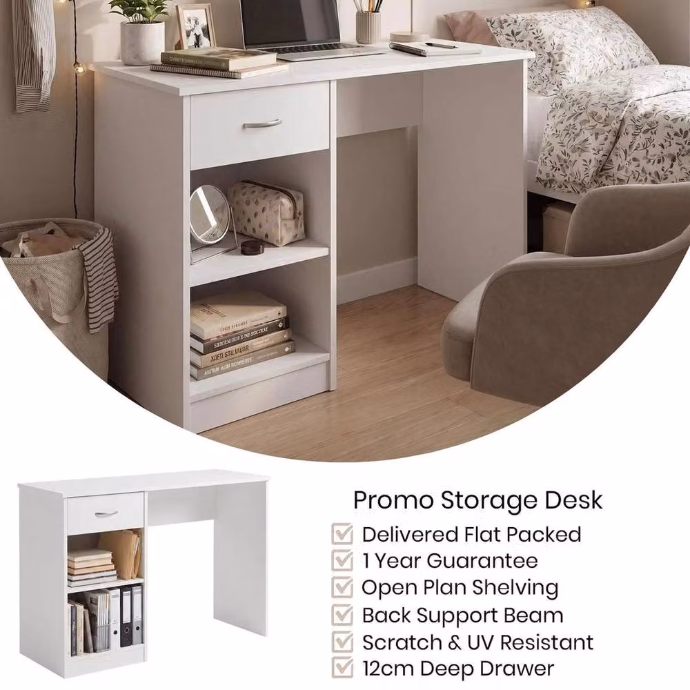 ERGOVEXA Modern White Dressing Table and Writing Desk with 1 Drawer and 2 Shelves – 3