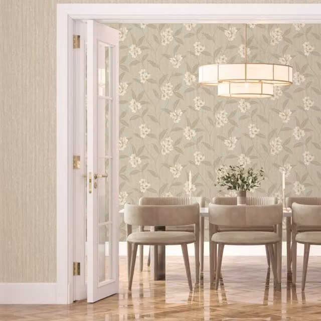 Belgravia Decor Giovanna Floral Botanical Vinyl Wallpaper in Beige, Grey and Blue