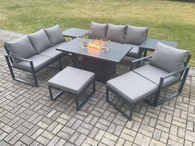 Fimous 8 Piece Aluminium Garden Furniture Set with 9 Seater Gas Fire Pit Dining Table, Side Tables and Cushions in Dark Grey