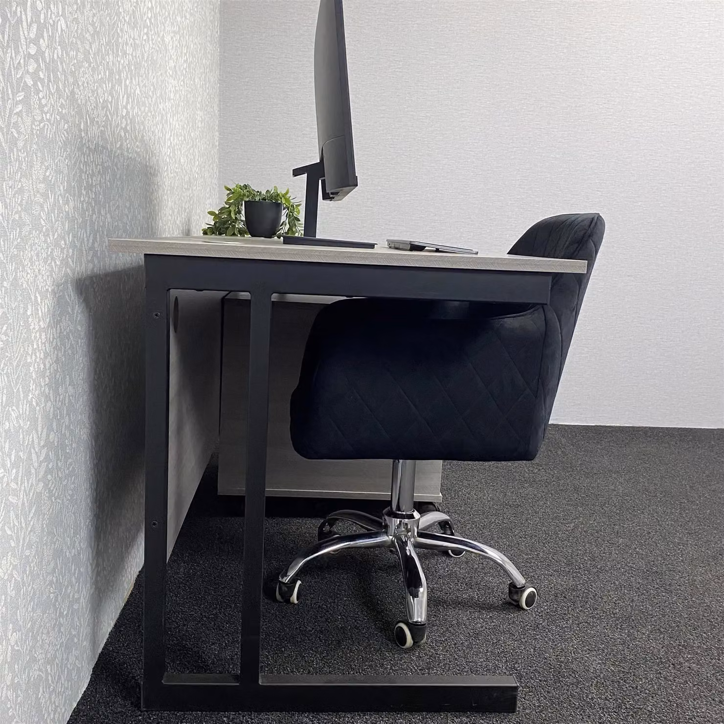 KOSY KOALA Grey Modern Office Desk and Black Upholstered Chair Set with Wood and Metal Construction – 4