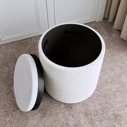FABS Hailey Ivory Bouclé Round Ottoman, White Upholstered Pouffe, W/D/H: 39 x 39 x 40 cm – 3