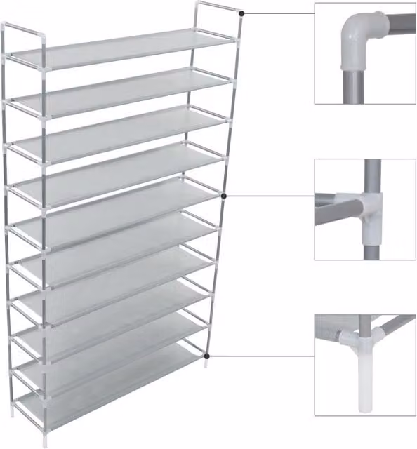 Berkfield Home Freestanding 10-Shelf Metal and Non-woven Fabric Shoe Rack in Silver