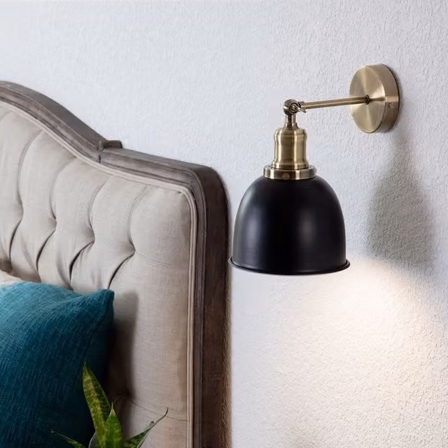 MiniSun Retro Style Antique Brass Wall Lights with Gloss Black Dome Shades, Set of 2 – 1
