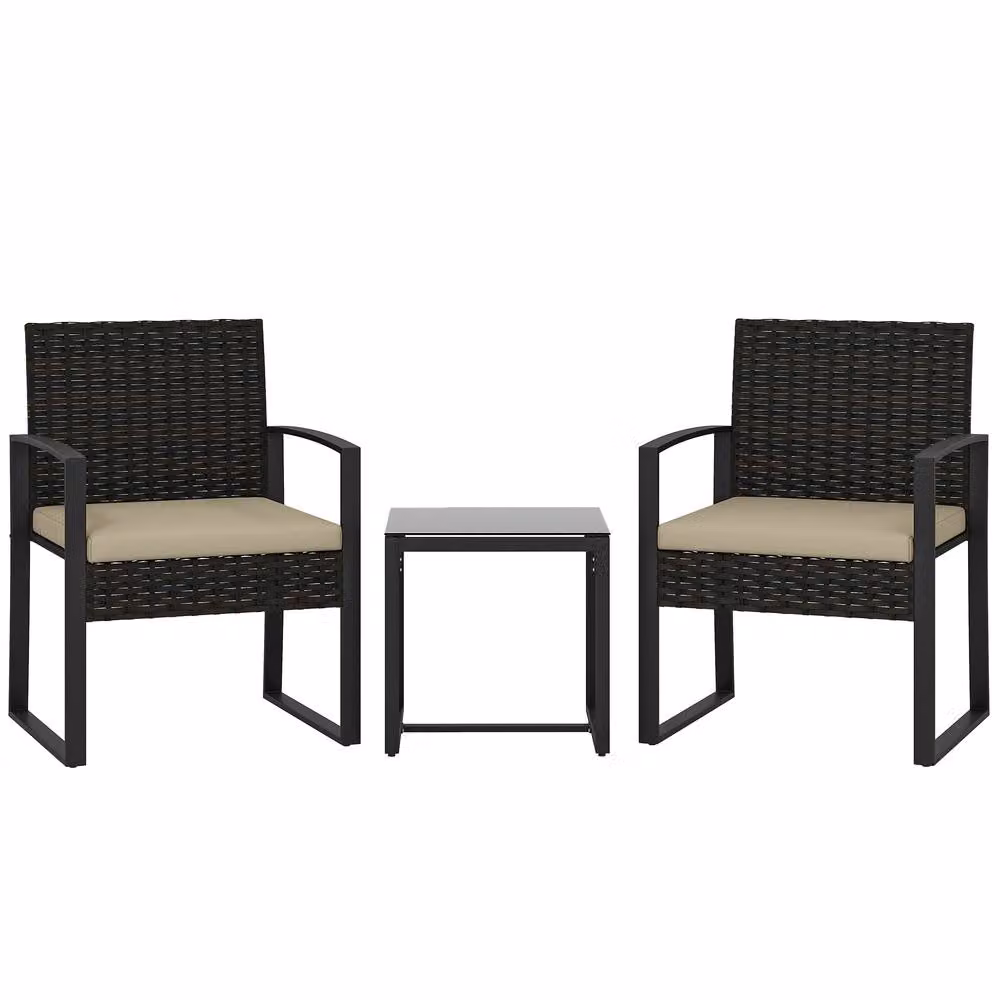 OUTSUNNY 3-Piece Rattan Bistro Set with Cushions in Beige – 2