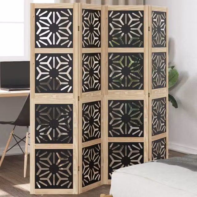 Berkfield Home 4-Panel Geometric Room Divider in Brown and Black Solid Paulownia Wood – 1