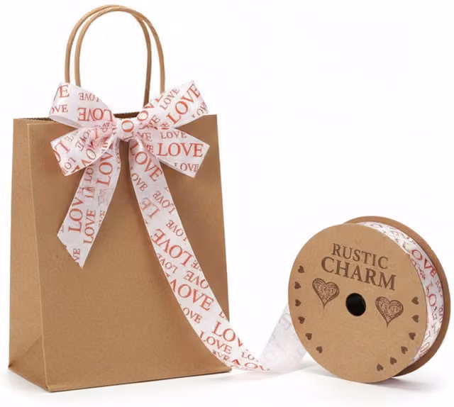 Kingsbury Gifts Pink and White Love and Heart Theme Satin Ribbon for Weddings and Valentines Day, 10m x 2.5cm