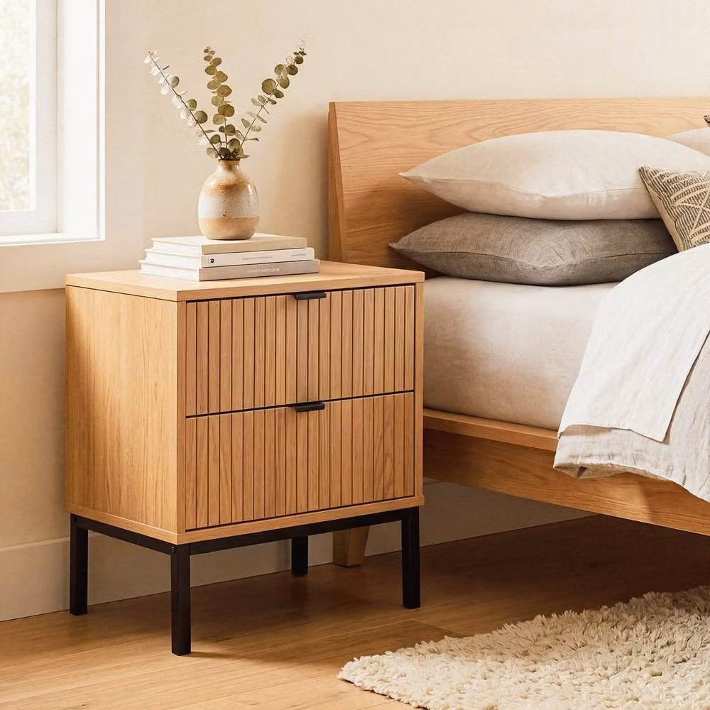 CALICOSY Tara Bedside Table with 2 Drawers in Light Brown with Grooved Wood Effect, Height: 51 cm – 2