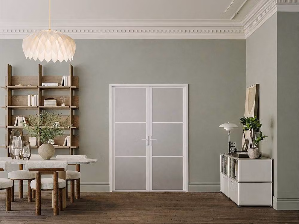 Vente-unique Reversible Double-Leaf Aluminium and Frosted Glass Swing Door Set in White, H: 204 cm x W: 146 cm – 2