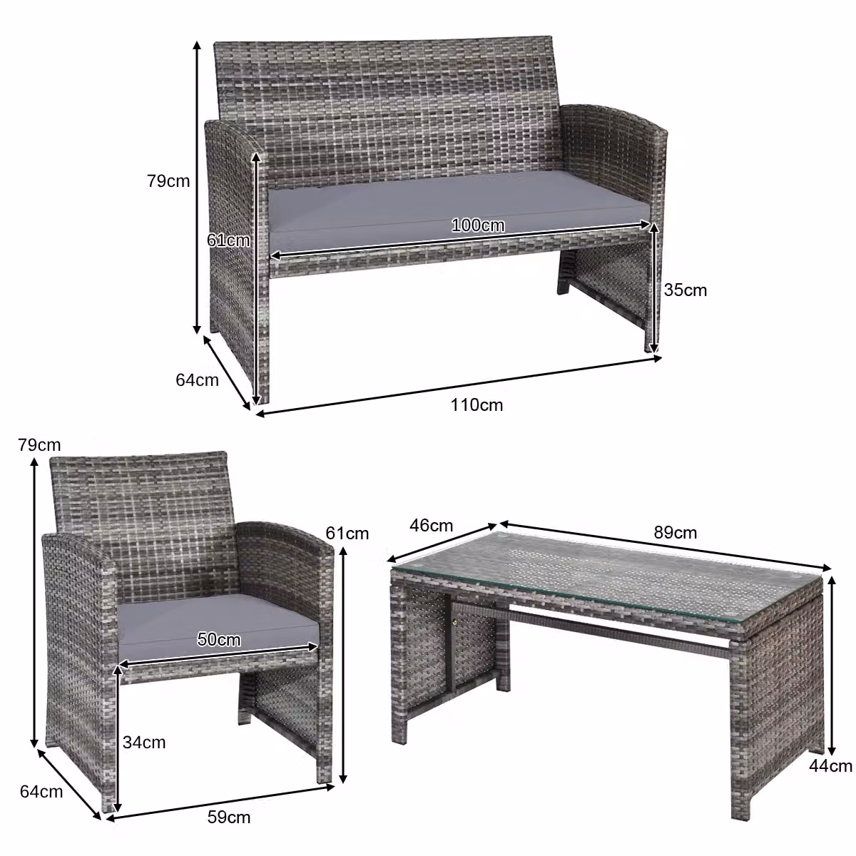 Gymax 4 Piece Grey PE Rattan Outdoor Sofa Set with Glass Coffee Table and Cushions – 4