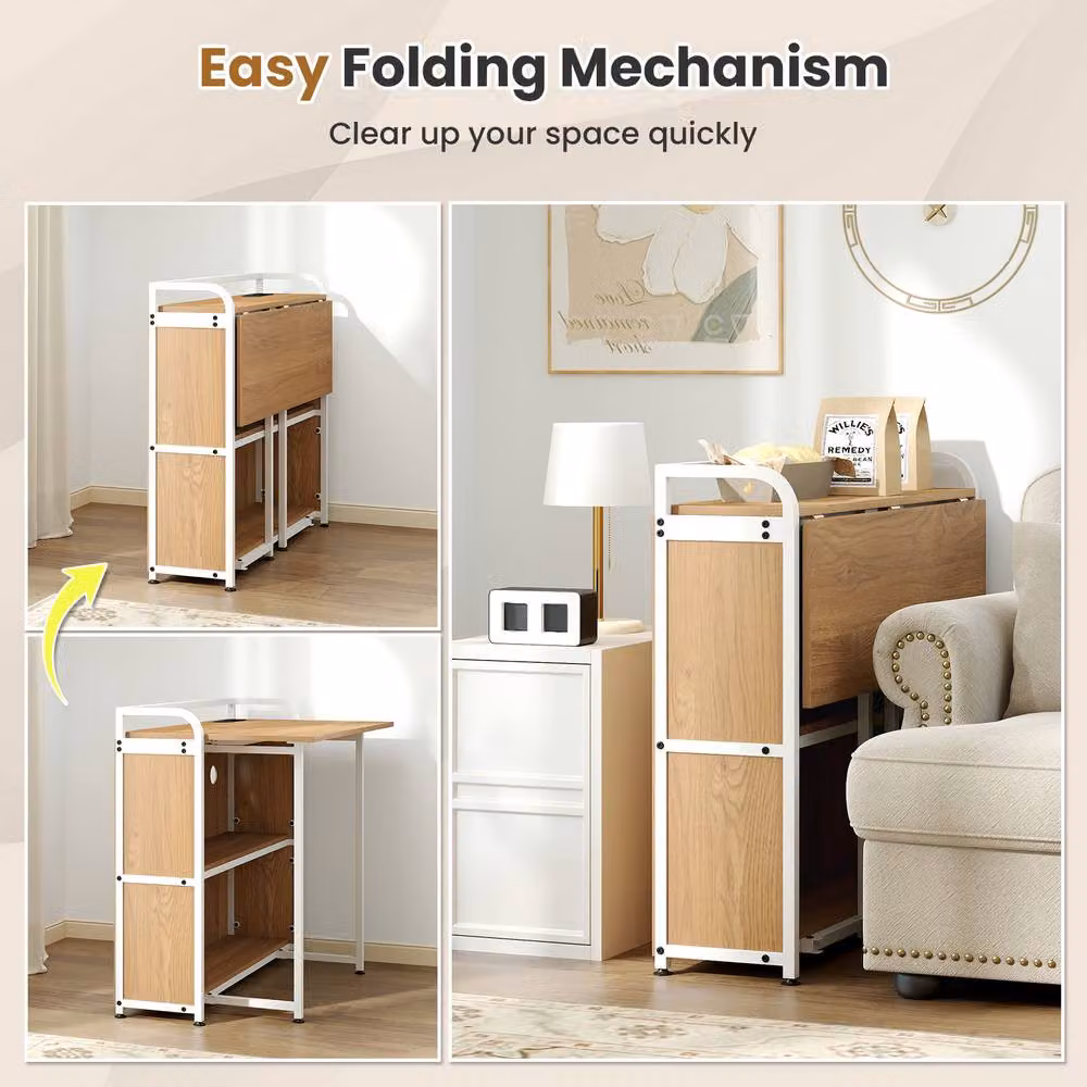 Costway Folding Computer Desk Set with Stool and AC Outlets in Natural Beige – 4