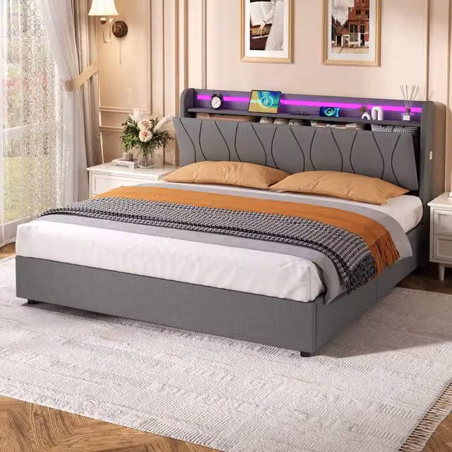 Merax King Upholstered Bed Frame in Grey with Hydraulic Storage, LED Lighting and USB Charging Port, W/D/H: 150 x 200 x 155 cm
