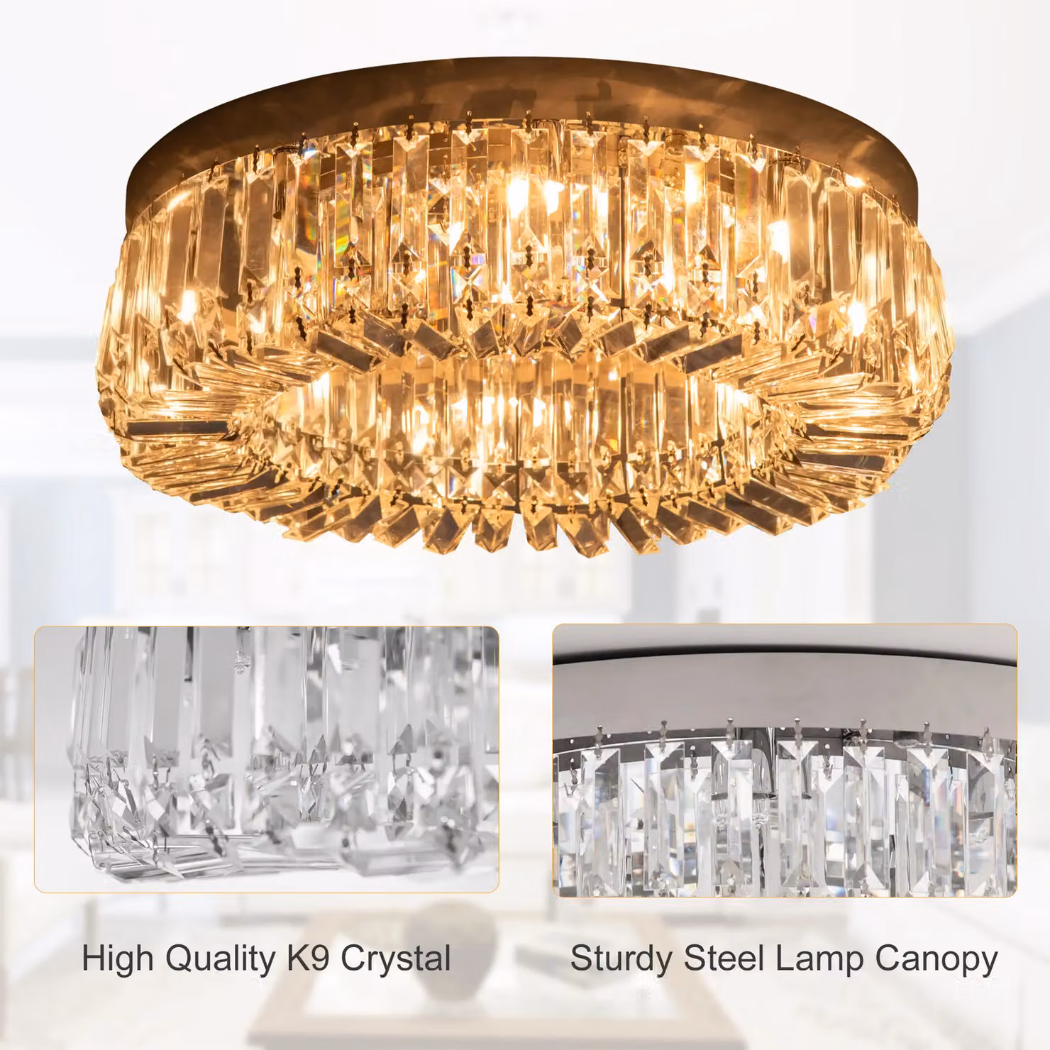 HOMCOM Modern Crystal Ceiling Light in Silver Stainless Steel and Transparent Glass – 3