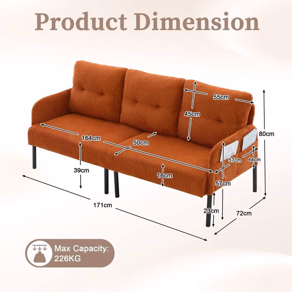 Direct Wicker Orange Corduroy Oversized Loveseat Double-Seater Couch with USB Charging and Side Pockets – 2