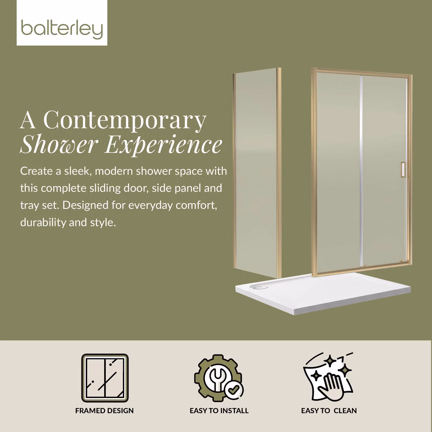 Balterley Ruwa Sliding Shower Suite with Rectangular Tray and 6mm Glass Door Panel, Brass/Gold, W: 1000 mm, D: 900 mm, H: 1900 mm – 2