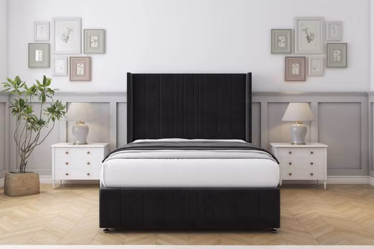 Sloomy Hargrave Plush Divan Set in Black with Wingback Headboard and Footboard, King Size, W/D/H: 180 x 200 cm