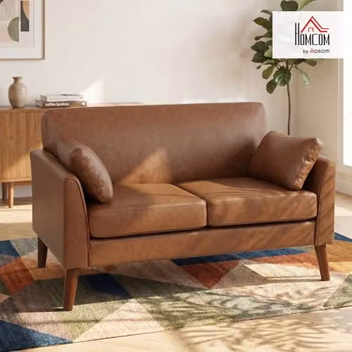 HOMCOM 2 Seater Upholstered Sofa in Brown Synthetic Leather, W: 132 cm, D: 74 cm, H: 79 cm – 2