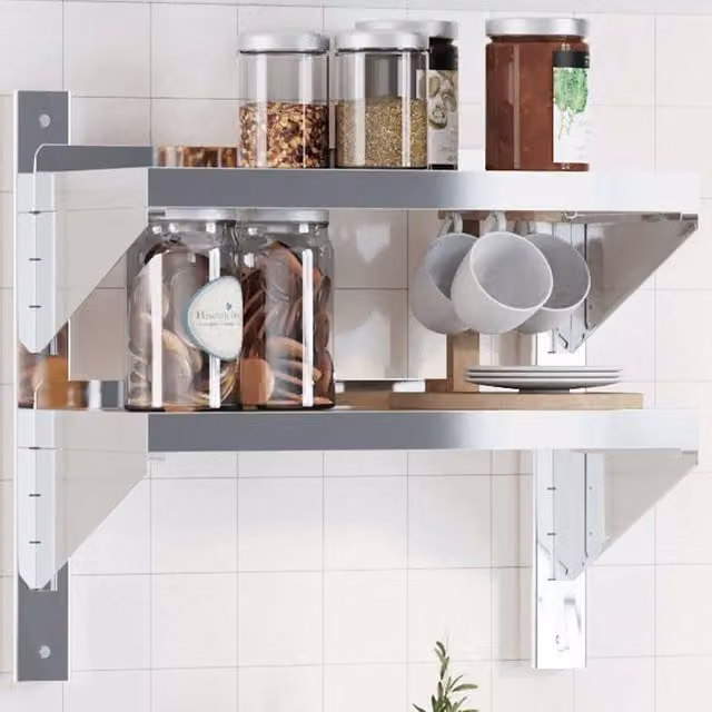 Berkfield Home 2-Tier Wall Mounted Metal Shelf in Silver, W/D/H: 50 x 23.5 x 60 cm – 1
