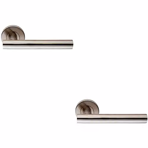 Loops Pair of Straight Round T-Bar Door Handles on Round Rose in Brushed Satin Steel, Silver