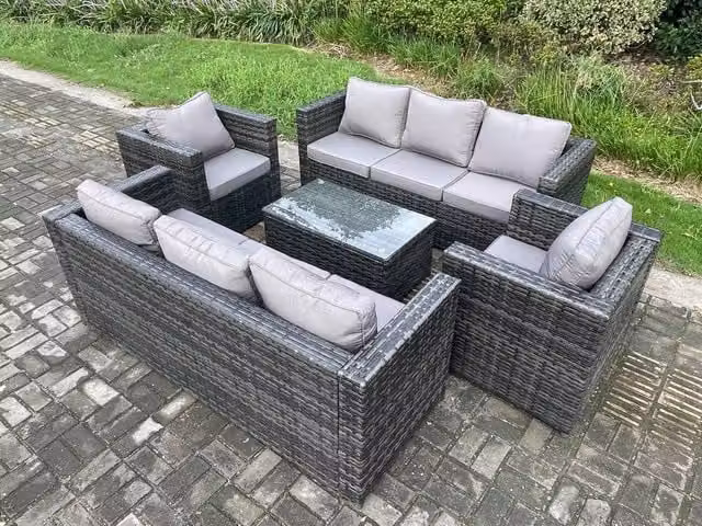 Fimous Dark Grey Polyrattan Garden Furniture Set with 3-Seater Sofa, 2 Armchairs and Coffee Table – 1