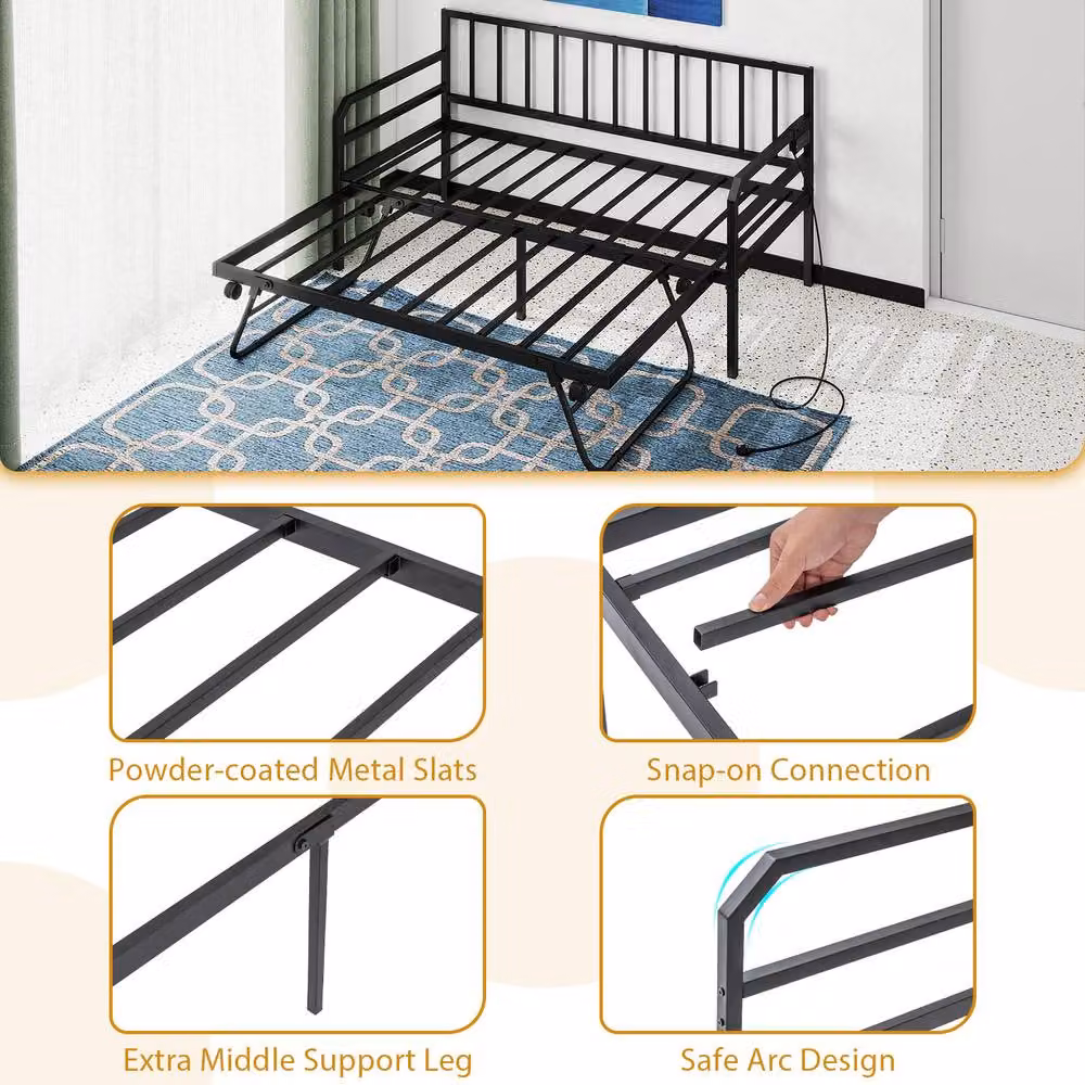 Costway Single Size Metal Daybed in Black with USB Charging Port and LED Under-Bed Lighting, W/D/H: 90 x 200 cm – 4