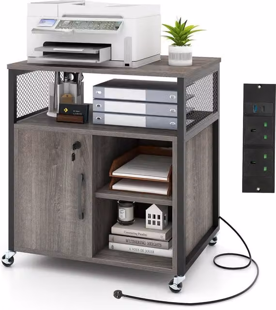 Costway Mobile Lateral Filing Cabinet and Printer Stand in Grey
