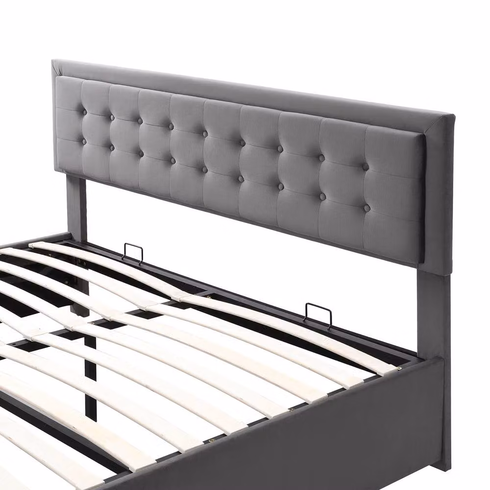 BTM Grey Velvet Upholstered King Size Bed with Lift Up Storage and Headboard W/D/H: 150 x 200 x 156 cm – 6