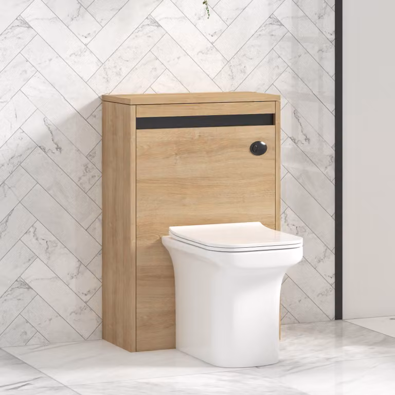 Royal Bathrooms Orion Natural Oak BTW WC Unit with Crosby Rimless Toilet Pan, Seat and Cistern, Black Accent Trim, Width: 54 cm