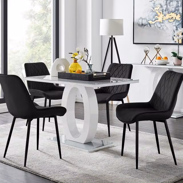 FurnitureboxUK Giovani Grey Glass Dining Table and 4 Black Velvet Pesaro Chairs