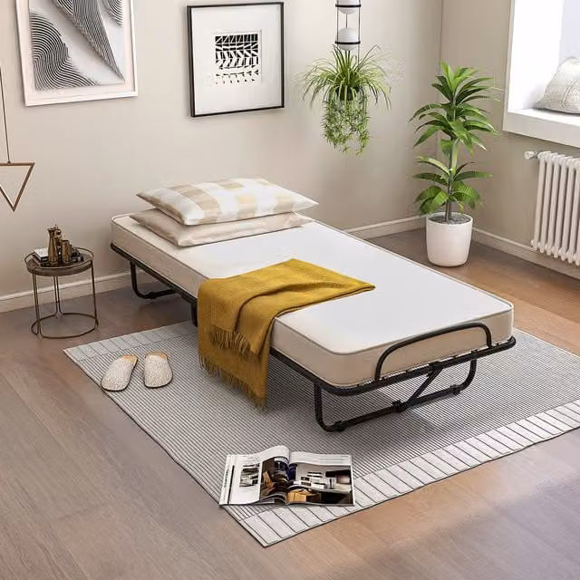 COSTWAY Minimalist Folding Guest Bed with Metal Frame and Foam Mattress in White