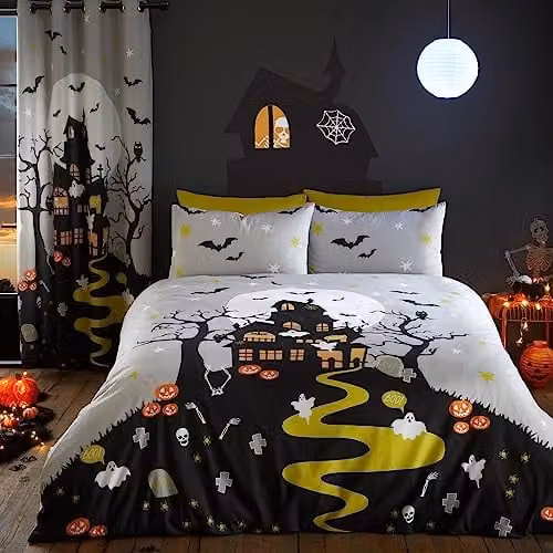 Bedlam Haunted House Glow in the Dark Halloween Duvet Cover and Pillowcase Set, Grey, W/D/H: 200 x 200 cm – 1