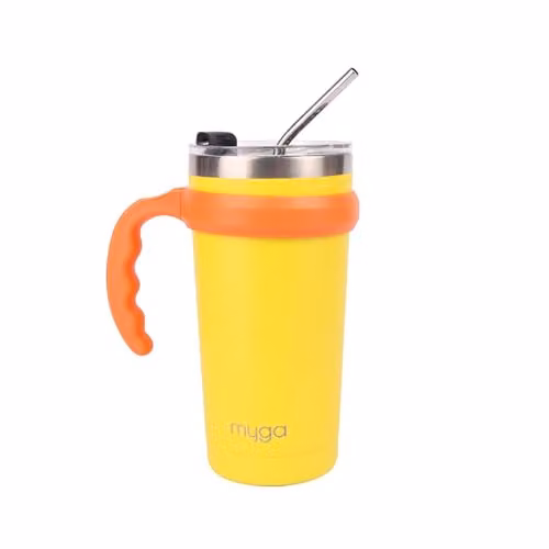Myga Insulated Stainless Steel Travel Mug Tumbler with Straw and Flip Top Lid, Yellow, 590ml
