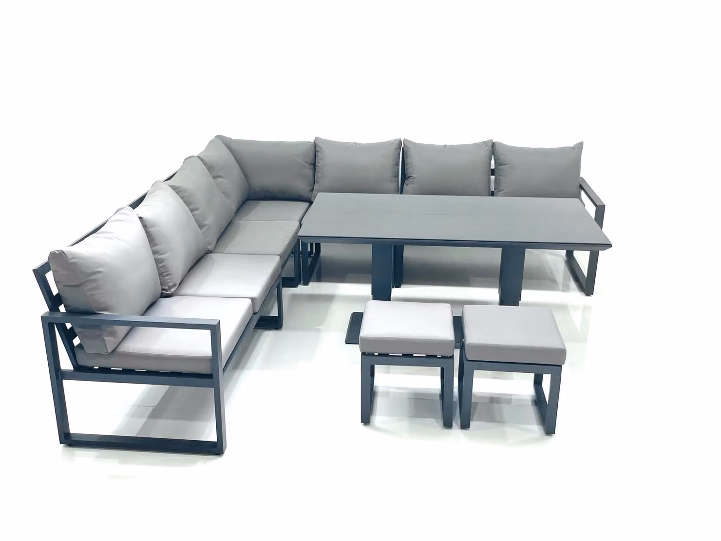 Fimous 9 Seater Outdoor Aluminum Garden Furniture Set with Corner Sofa, 2 Small Footstools and Adjustable Rising Lifting Dining Table in Dark Grey – 2