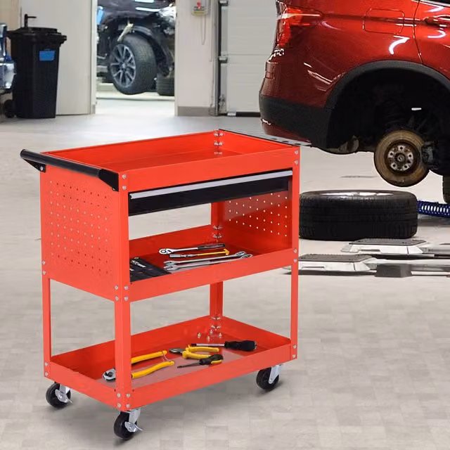 DURHAND 3-Tier Lockable Metal Tool Trolley Cart with Rollable Casters, Red – 1