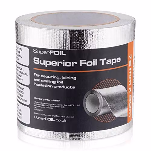 SuperFOIL Silver Aluminium Composite Reinforced Reflective Peel and Stick Foil Tape, W: 7.5 cm, L: 20 m – 1