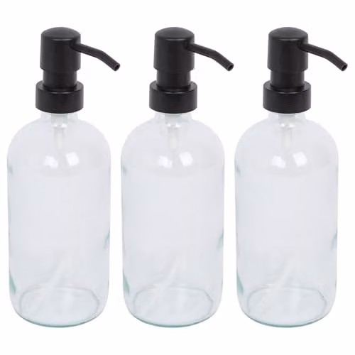 Harbour Housewares Pack of 3 Transparent Glass Refillable Soap Dispensers with Black Pumps, 500ml each