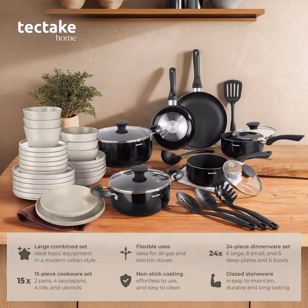 tectake Una & Varese 39 Piece Kitchen and Dinnerware Set in Black and Taupe – 2