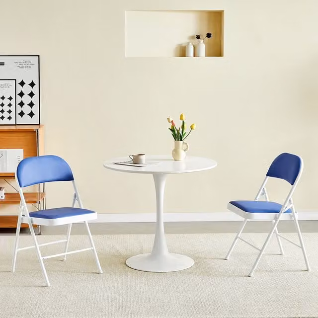 MCC Direct Set of 2 Blue Folding Dining Chairs with Metal Frame and Padded Synthetic Leather Seats