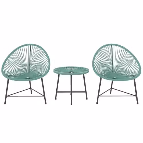 Outsunny 3 Piece Rattan Bistro Set with Acapulco Chairs and Round Glass Table in Green