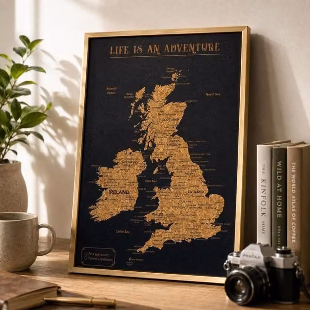 Splosh Travel Map UK Framed Wall Poster in Gold, W: 30.5 cm, H: 45.0 cm