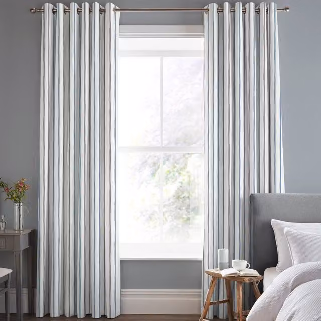 Laura Ashley Painterly Stripe Made to Measure Blackout Eyelet Curtain Panel in Blue Cotton