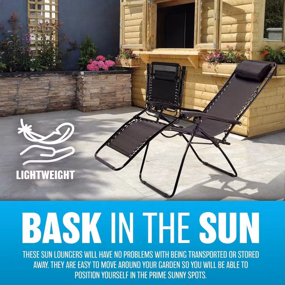 Bargains-Galore Set of 2 Black Zero Gravity Reclining Sun Loungers with Textilene Fabric and Powder Coated Steel Frame – 4