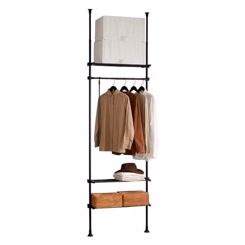 SoBuy Black Telescopic Clothes Rail with Storage Shelves, Width: 52-80 cm, Height: 160-173 cm, Depth: 27 cm – 1