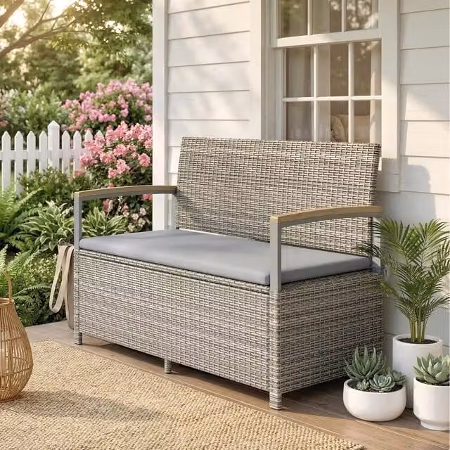 Outsunny 170 L Rattan Garden Storage Bench with Cushion in Light Grey